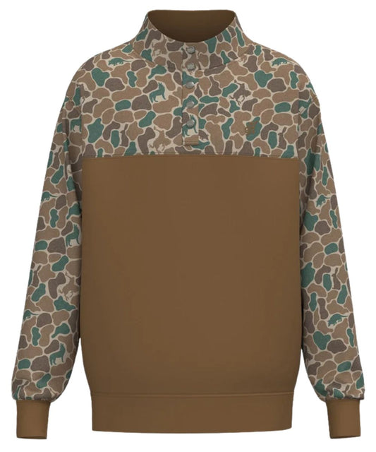 Front view of the men's Stevie Pullover Brown/Camo featuring the 1/4 snap placket and long sleeves