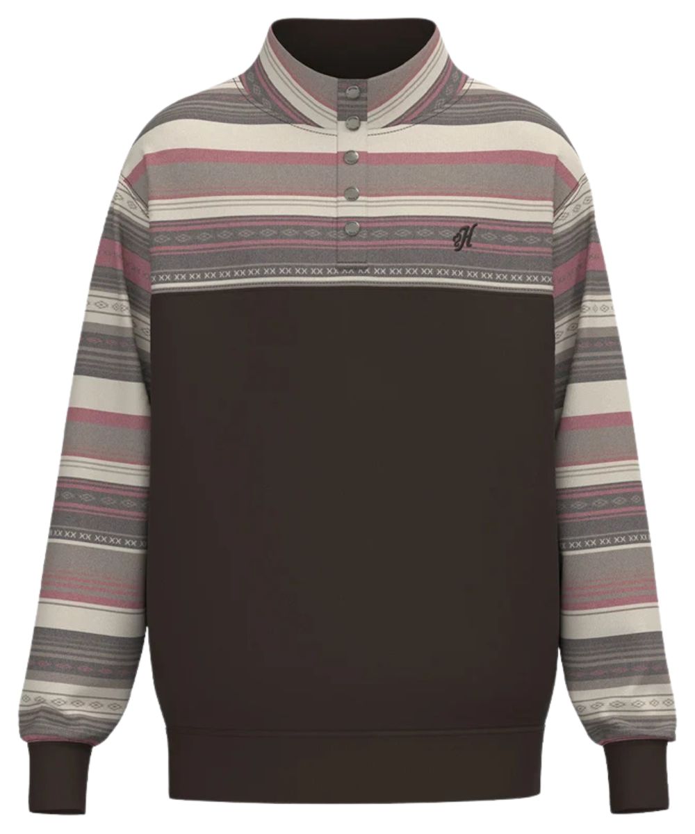 Front view of the men's Hooey Stevie Pullover Brown/Striped featuring the long sleeves and 1/4 snap closure
