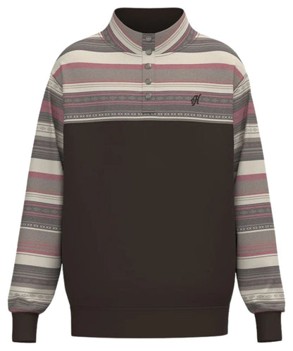 Front view of the men's Hooey Stevie Pullover Brown/Striped featuring the long sleeves and 1/4 snap closure
