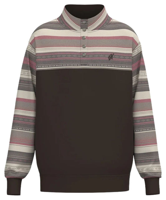 Front view of the men's Hooey Stevie Pullover Brown/Striped featuring the long sleeves and 1/4 snap closure