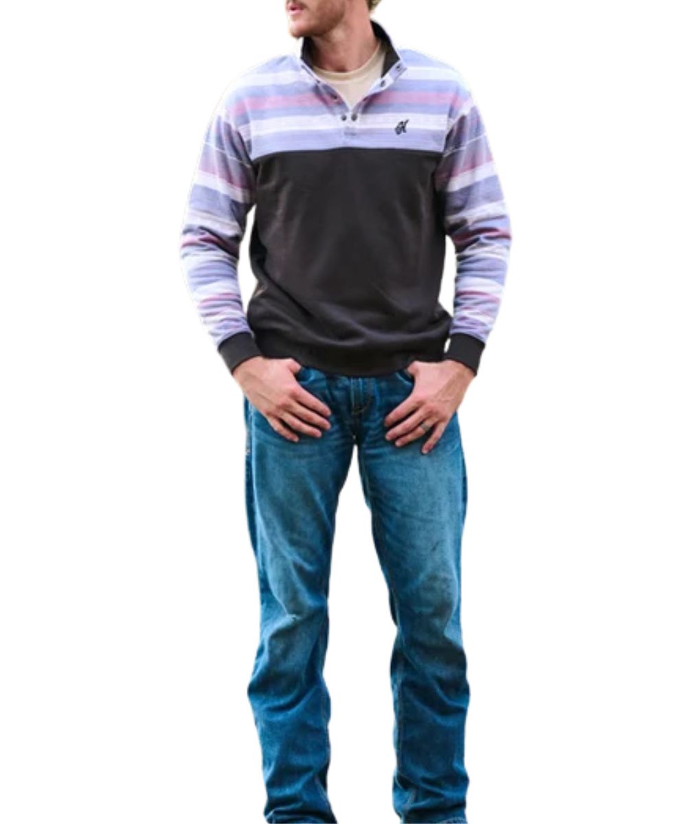 Model view of the men's dark brown long sleeve 1/4 snap pullover