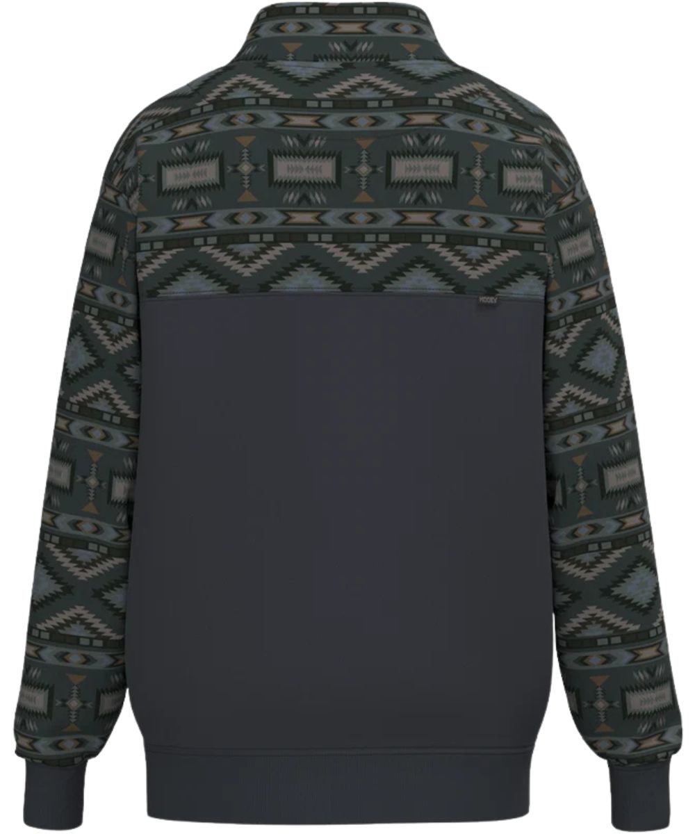 Back view of the boy's long sleeve pullover featuring the charcoal grey body and aztec yokes and sleeves