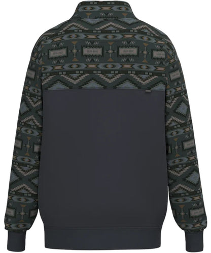 Back view of the boy's long sleeve pullover featuring the charcoal grey body and aztec yokes and sleeves