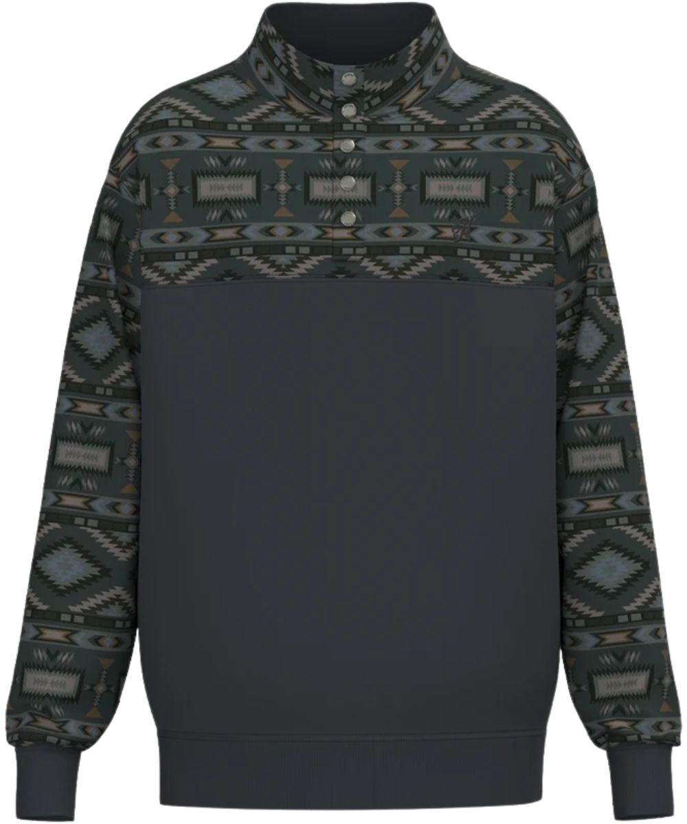 Front view of the boy's Hooey Stevie Pullover Charcoal Grey/Aztec featuring the 1/4 snap closure and aztec color-blocked design