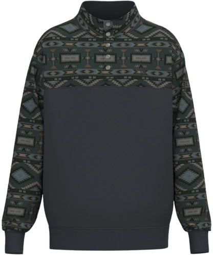 Front view of the boy's Hooey Stevie Pullover Charcoal Grey/Aztec featuring the 1/4 snap closure and aztec color-blocked design