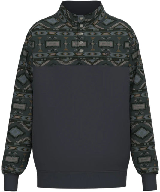 Front view of the men's Hooey Stevie Pullover Charcoal Grey/Aztec featuring the long sleeves and 1/4 snap placket