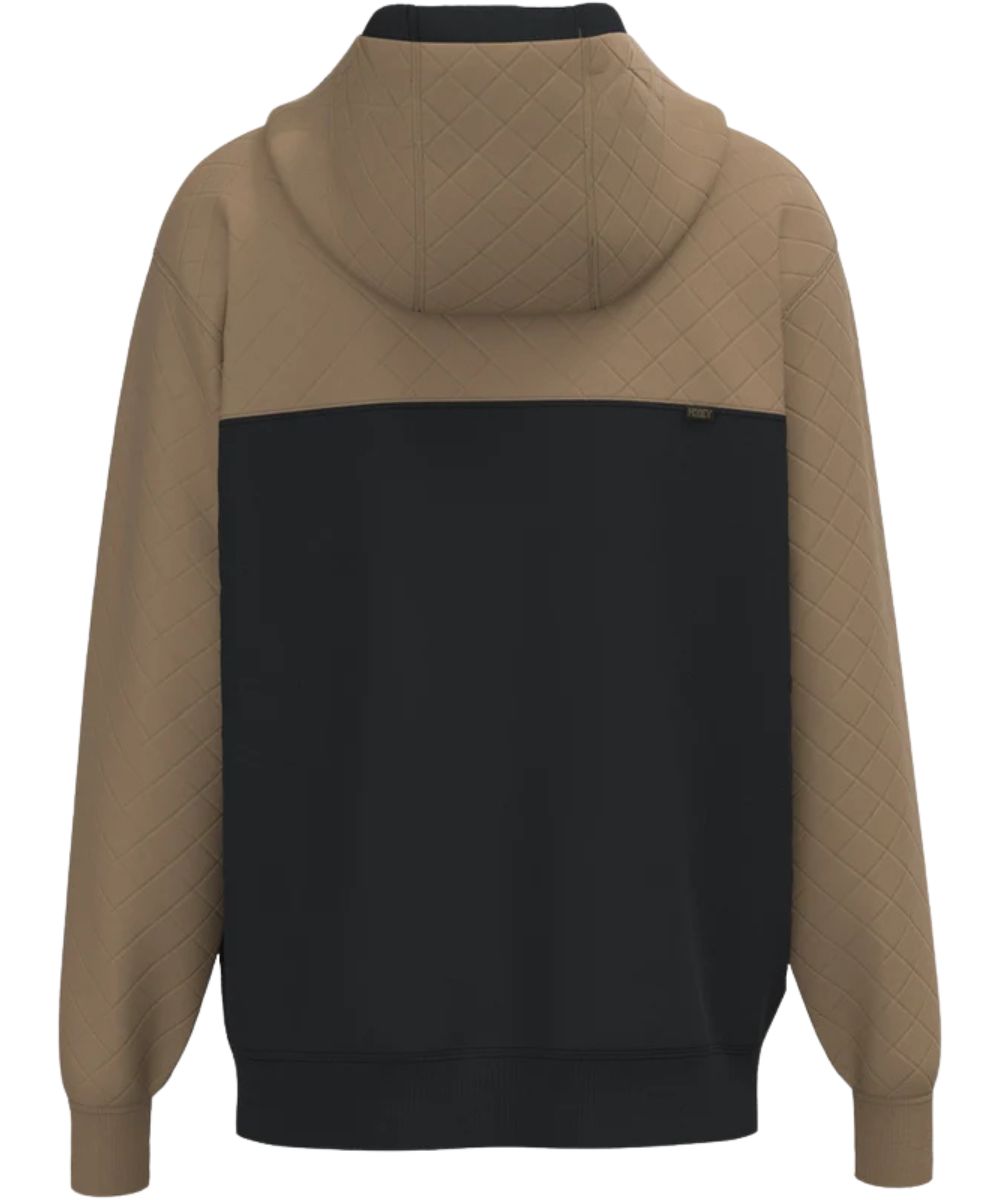 Back view of the men's long sleeve hoodie featuring the color-blocked design with a black body and tan quilted sleeves, yokes, and hood
