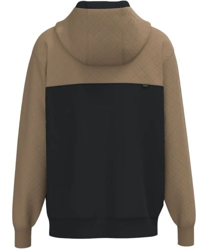 Back view of the men's long sleeve hoodie featuring the color-blocked design with a black body and tan quilted sleeves, yokes, and hood