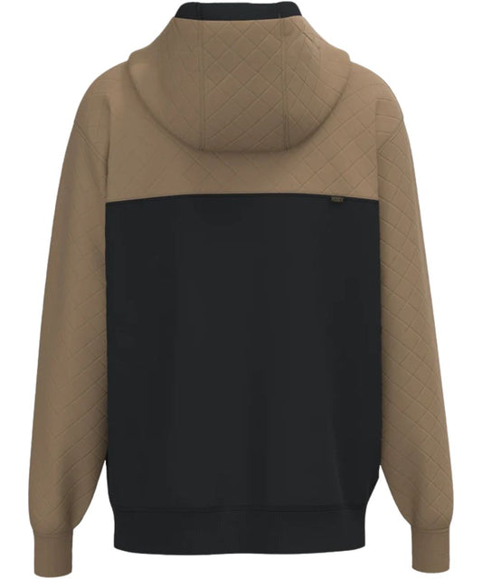 Back view of the men's long sleeve hoodie featuring the color-blocked design with a black body and tan quilted sleeves, yokes, and hood