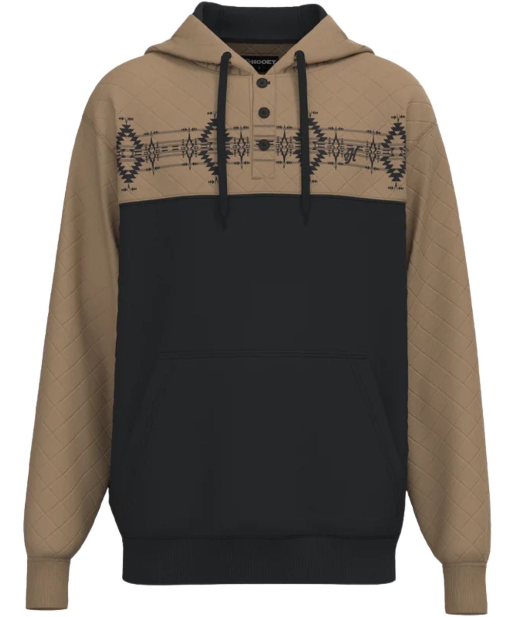 Front view of the men's Hooey Jimmy Hoody Black/Tan featuring the aztec printed across the chest, 3-button placket, and color-blocked design with tan quilted yokes, sleeves, and hood
