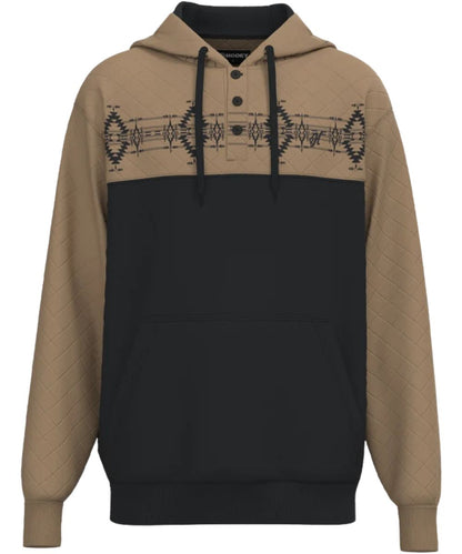 Front view of the men's Hooey Jimmy Hoody Black/Tan featuring the aztec printed across the chest, 3-button placket, and color-blocked design with tan quilted yokes, sleeves, and hood