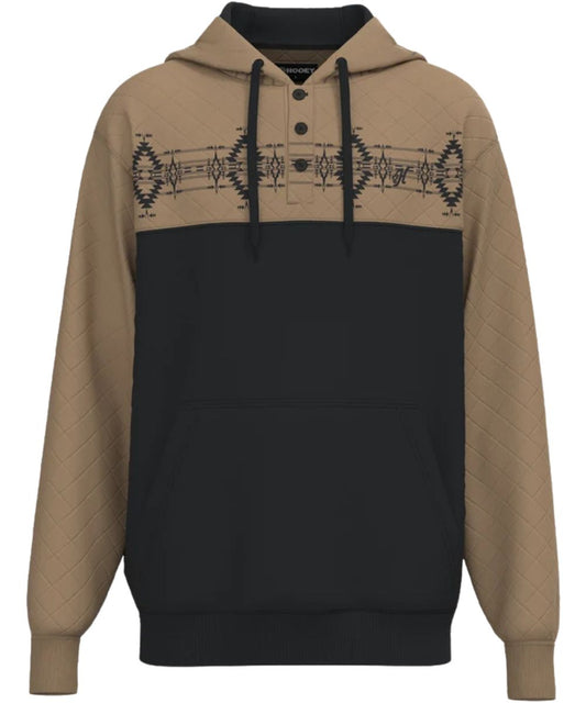 Front view of the men's Hooey Jimmy Hoody Black/Tan featuring the aztec printed across the chest, 3-button placket, and color-blocked design with tan quilted yokes, sleeves, and hood