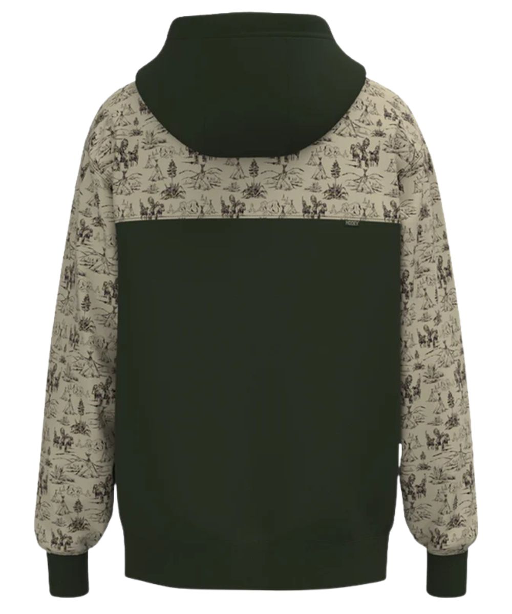 Back view of the men's dark olive green hoodie featuring the cream color-blocked yokes and sleeves with a comanche print