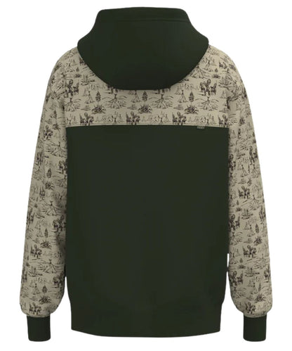 Back view of the men's dark olive green hoodie featuring the cream color-blocked yokes and sleeves with a comanche print