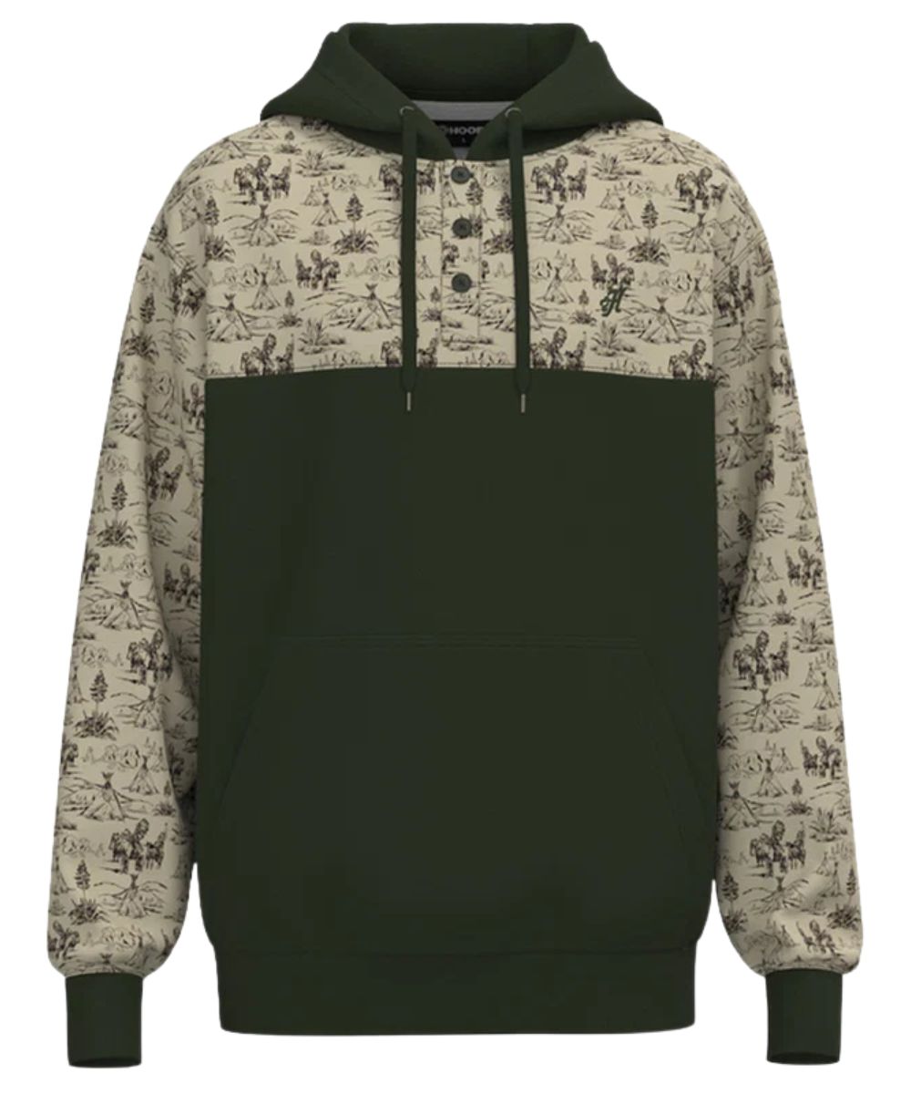 Front view of the men's Hooey Jimmy Hoody Dark Green/Cream featuring the comanche print and color-blocked design