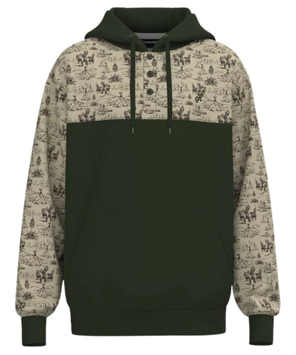 Front view of the men's Hooey Jimmy Hoody Dark Green/Cream featuring the comanche print and color-blocked design