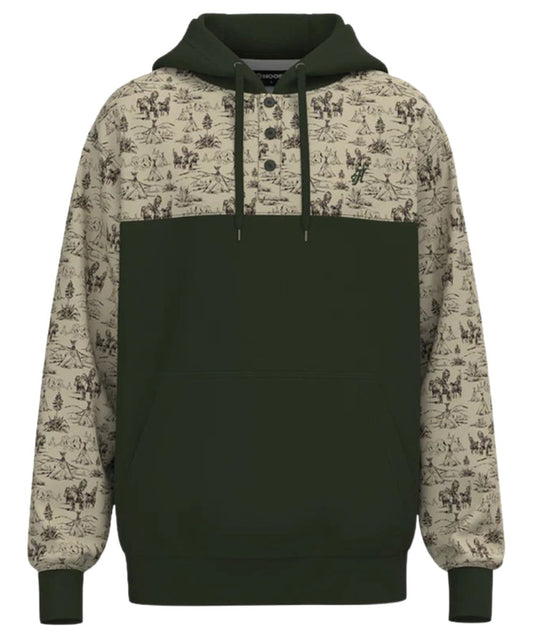 Front view of the men's Hooey Jimmy Hoody Dark Green/Cream featuring the comanche print and color-blocked design