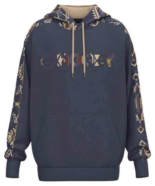 Front view of the men's dark navy hoodie featuring the logo screen printed on the front chest with an aztec fill
