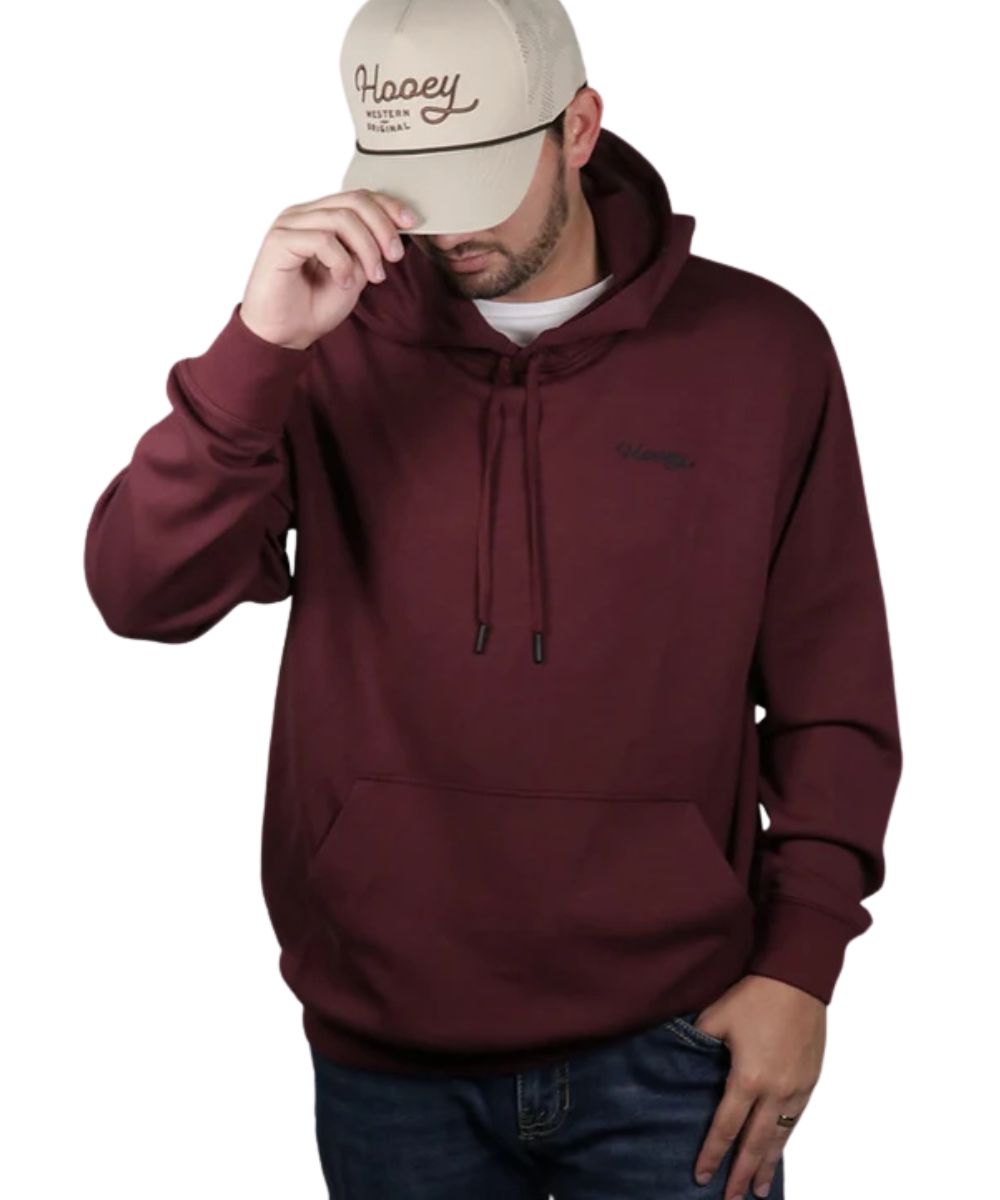 Front view of the men's maroon logo hoodie featuring the strengthened kangaroo pocket with a hidden phone pocket