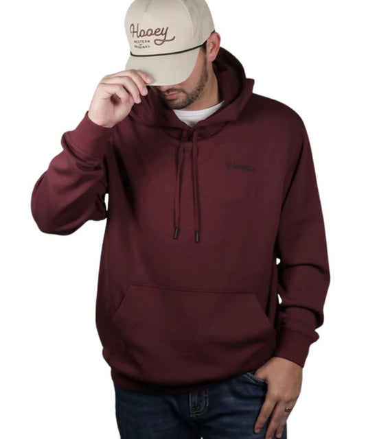 Front view of the men's maroon logo hoodie featuring the strengthened kangaroo pocket with a hidden phone pocket