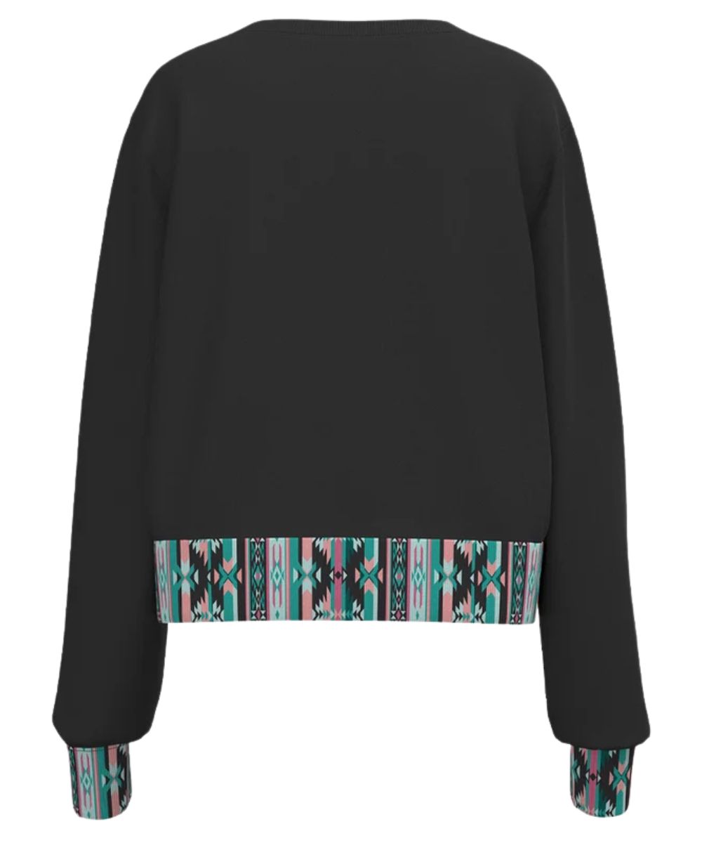 Back view of the girl's long sleeve charcoal southwestern pullover