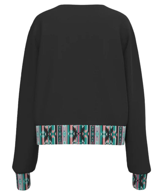 Back view of the girl's long sleeve charcoal southwestern pullover