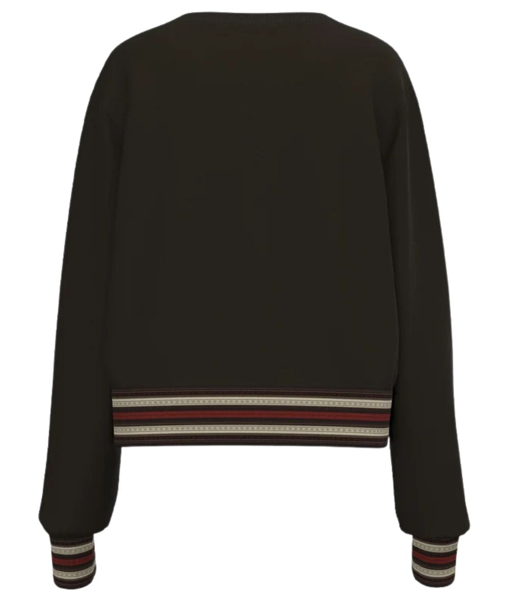 Back view of the women's dark brown crew neck pullover featuring the modern cropped silhouette
