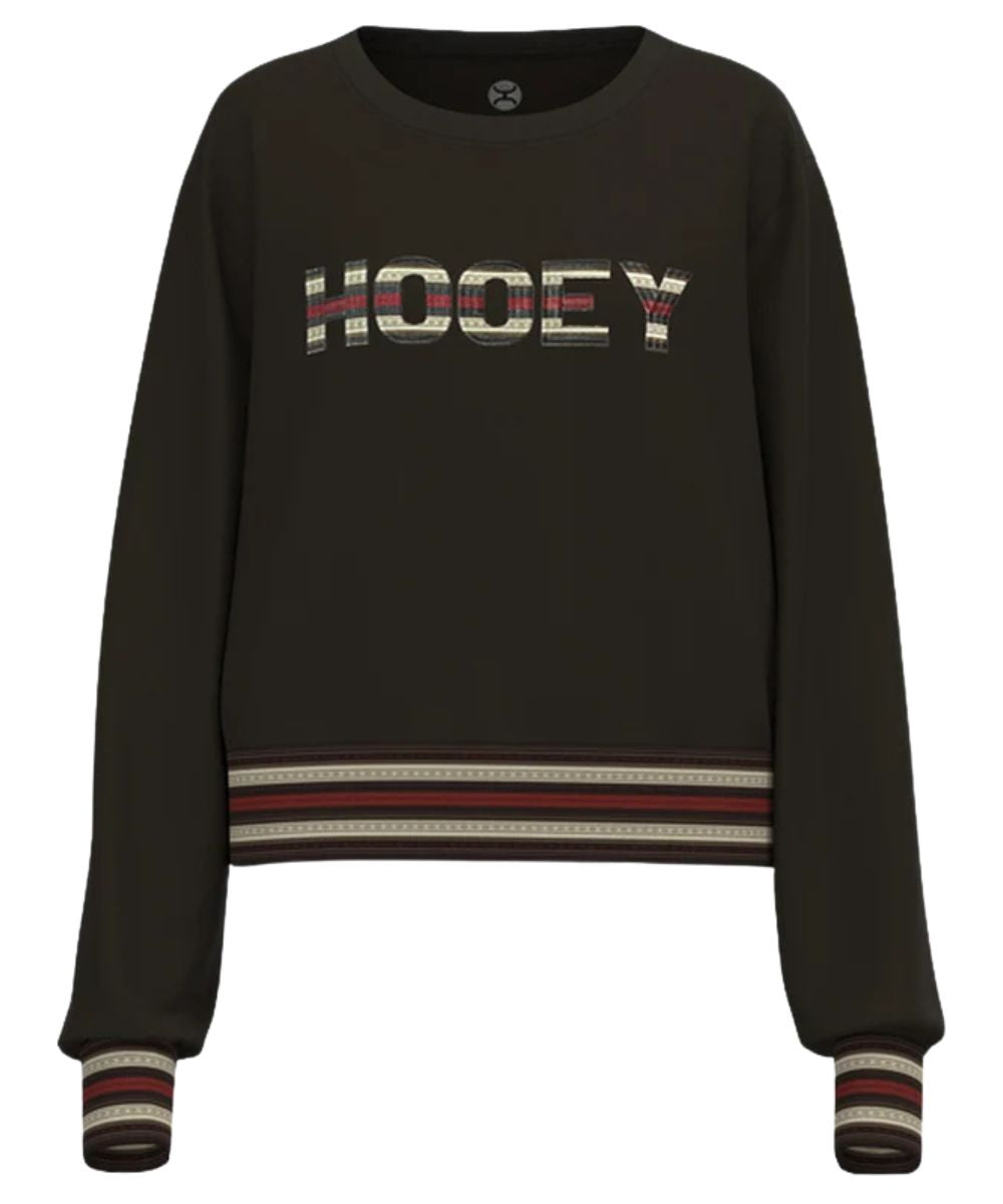 Front view of the women's Hooey On Deck Crew Dark Brown Pullover featuring the contrast striped trim and southwestern-inspired logo on the front