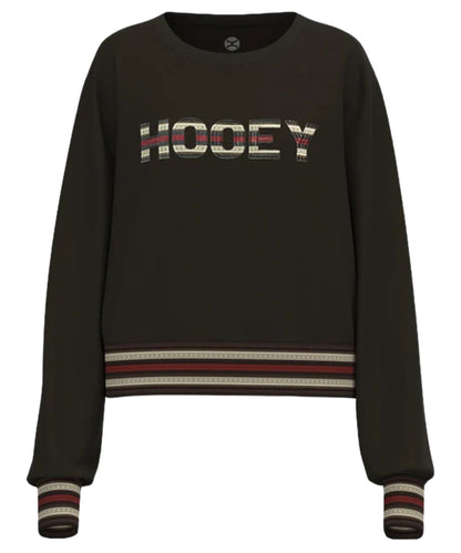Front view of the women's Hooey On Deck Crew Dark Brown Pullover featuring the contrast striped trim and southwestern-inspired logo on the front