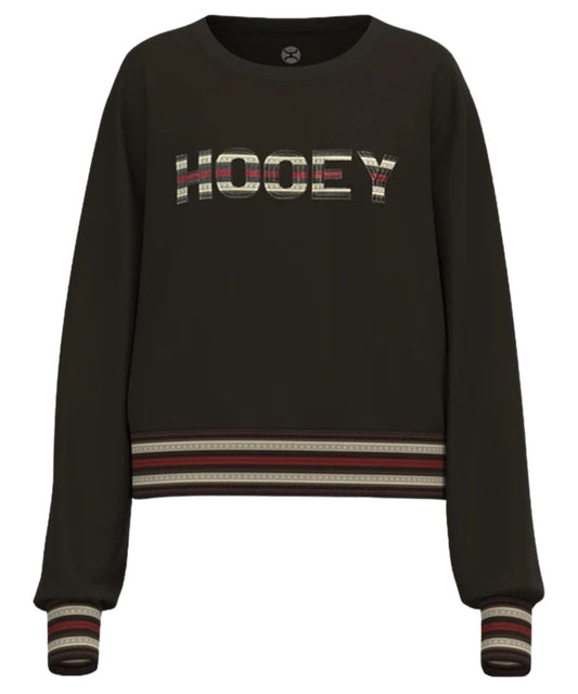 Front view of the women's Hooey On Deck Crew Dark Brown Pullover featuring the contrast striped trim and southwestern-inspired logo on the front