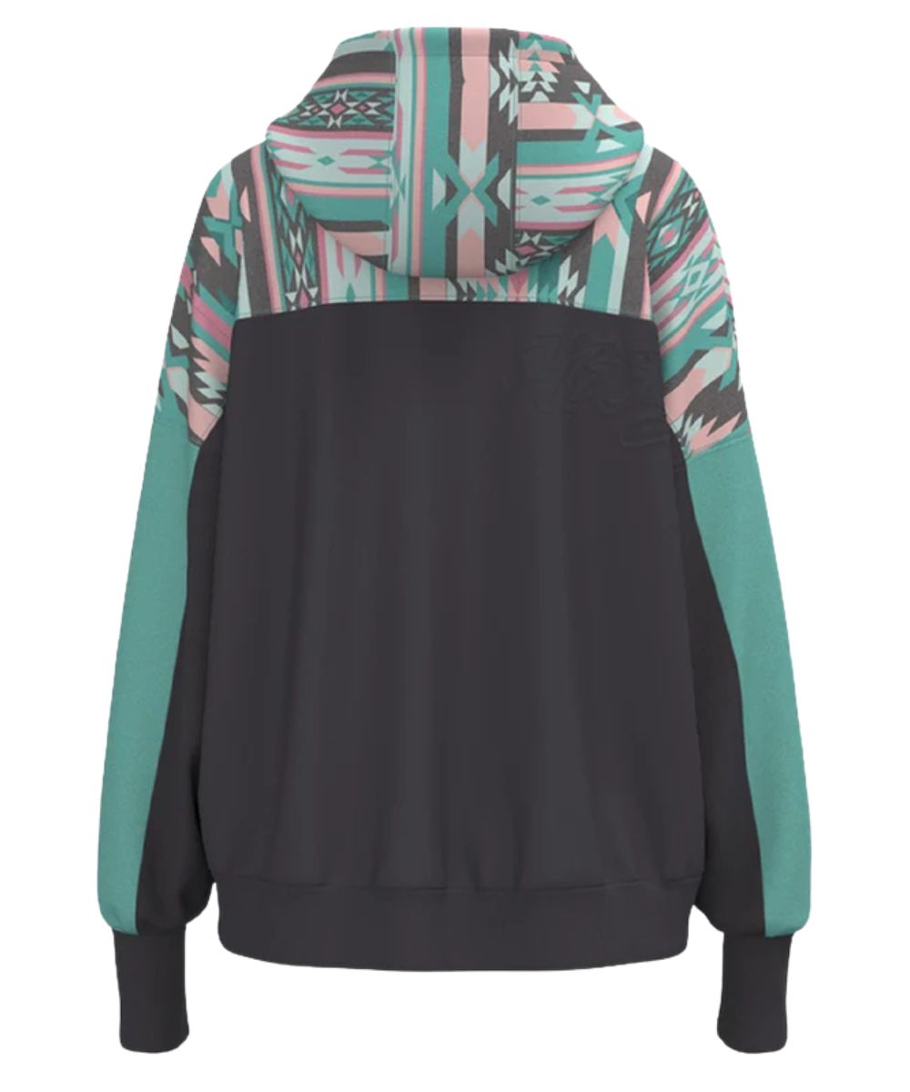 Back view of the women's charcoal and teal aztec long sleeve hoodie featuring the turquoise sleeves, aztec print across the upper body, and a charcoal body