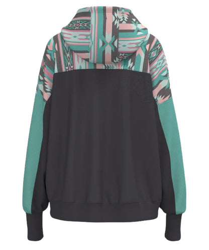 Back view of the women's charcoal and teal aztec long sleeve hoodie featuring the turquoise sleeves, aztec print across the upper body, and a charcoal body