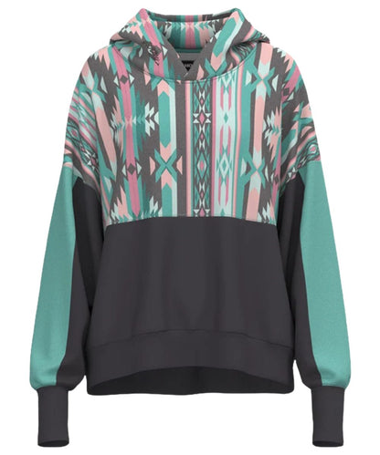 Front view of the women's Hooey Casa Hoody Charcoal And Teal Aztec featuring the oversized fit, oversized kangaroo pocket with a hidden phone pocket, and the color-blocked design