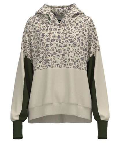 Front view of the women's oversized casa hoodie in cream and leopard featuring the kangaroo pocket with a hidden phone pocket