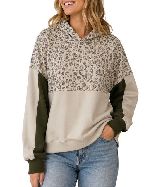 Front view of the women's Hooey Casa Hoody Cream With Leopard Print featuring the color-blocked design and olive side panels