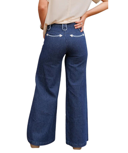 Back view of the women's blue wide leg denim jean with white vertical pin striping and smiley pockets