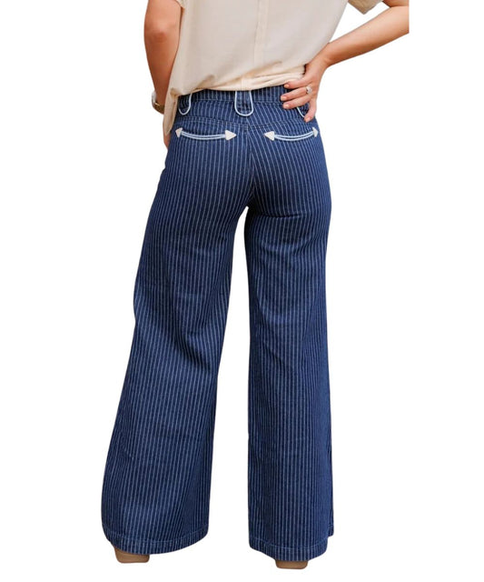 Back view of the women's blue wide leg denim jean with white vertical pin striping and smiley pockets