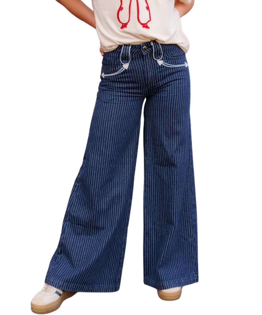 Front view of the women's blue Howdy Hanny wide leg denim jeans with white vertical pin striping