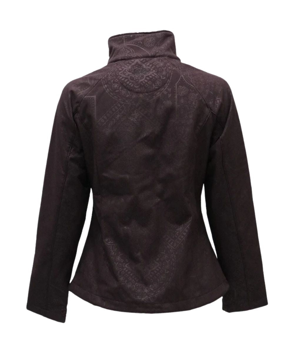 Back view of the women's brown long sleeve softshell jacket featuring the adjustable waistband, aztec print, and wind and water resistance