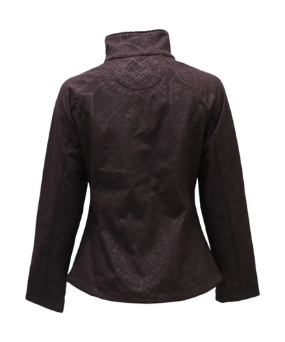 Back view of the women's brown long sleeve softshell jacket featuring the adjustable waistband, aztec print, and wind and water resistance