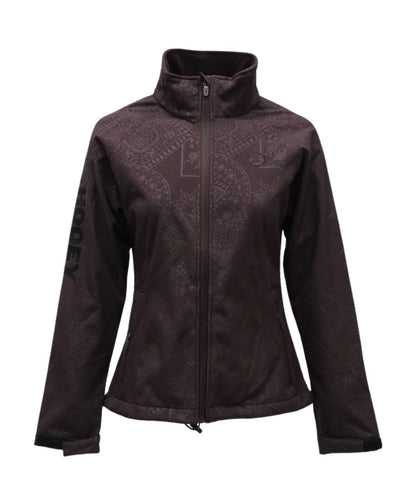 Front view of the women's brown Hooey softshell jacket featuring the zip closure, adjustable cuffs, zippered hand pockets, logo embroidery on the chest and sleeve, mock collar, and aztec print