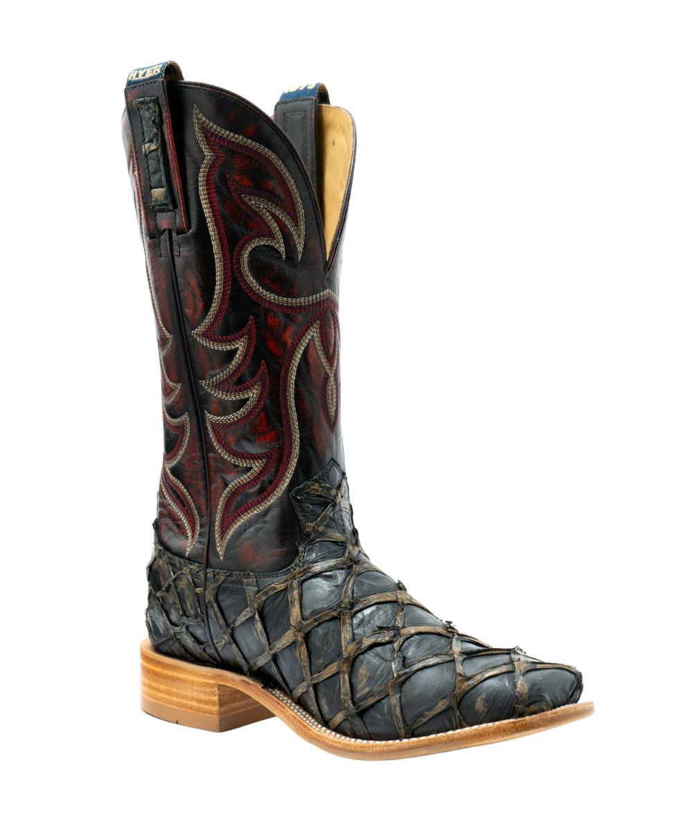 Right angled view of the men's dark brown Hyer Big Bass Boot featuring the dark brown big bass exotic leather vamp, black cherry goat leather shaft, pull tabs, 13" shaft, and broad square toe