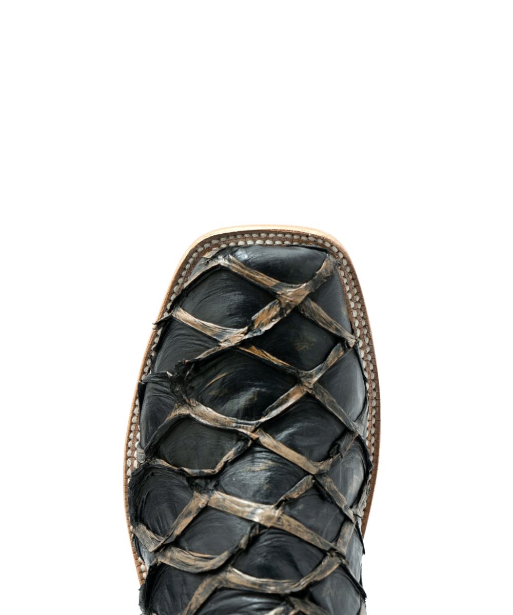 Close-up view of the broad square toe featuring the exotic big bass fish leather