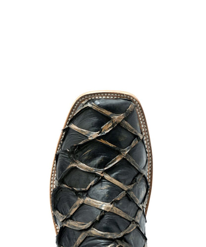 Close-up view of the broad square toe featuring the exotic big bass fish leather