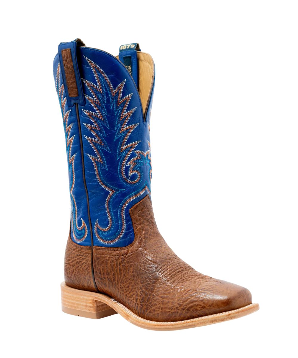 Right angled view of the men's Hyer Kincaid Western Boot featuring the rye brown bullhide vamp and 13" bright blue goat leather shaft