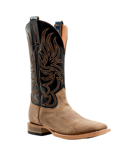 Right angled view of the men's Hyer Axtell Western Boot featuring the taupe suede leather vamp and 13" black leather shaft