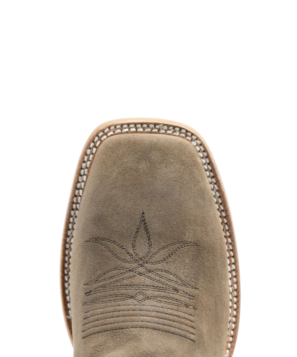 Birdseye view of the taupe suede leather broad square toe 