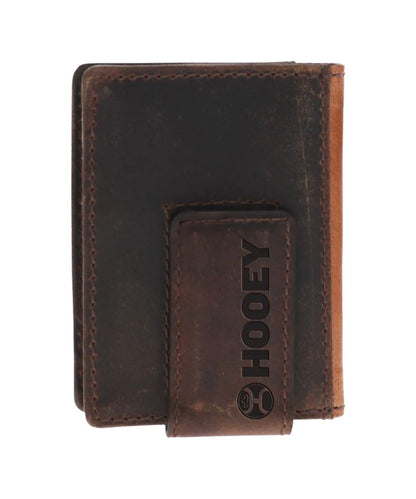 Back view of the men's brown and black bifold wallet featuring the strong money clip on the back