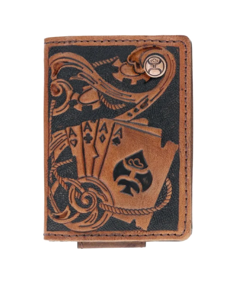 Front view of the men's brown and black Hooey bifold wallet featuring the hand-tooled ace cards design on the front