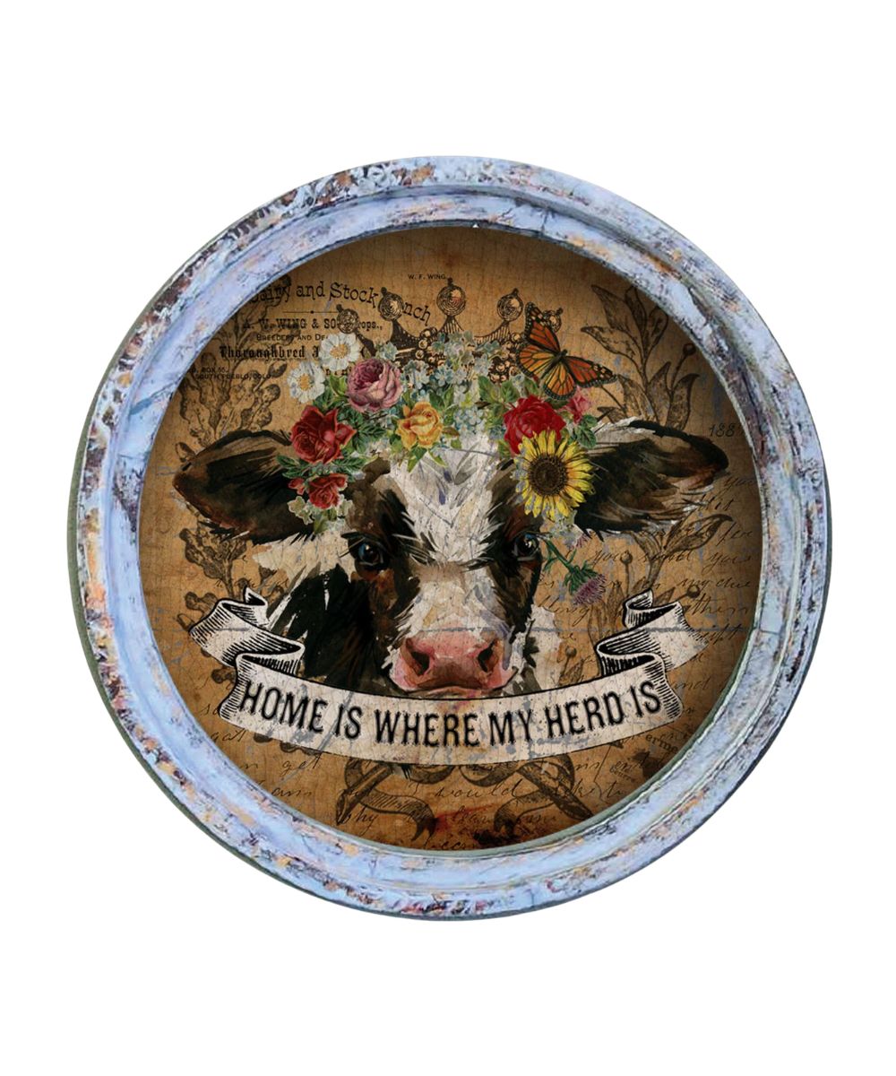 Framed circle artwork reads: "Home is where my herd is"